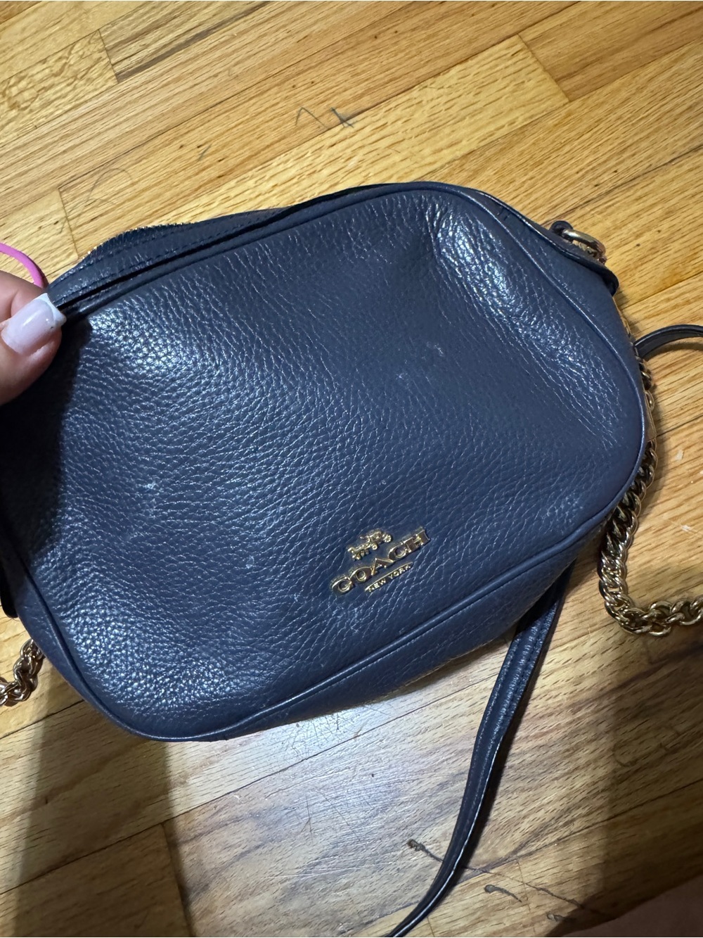 Coach Navy Pebbled Leather Crossbody with Gold Hardware